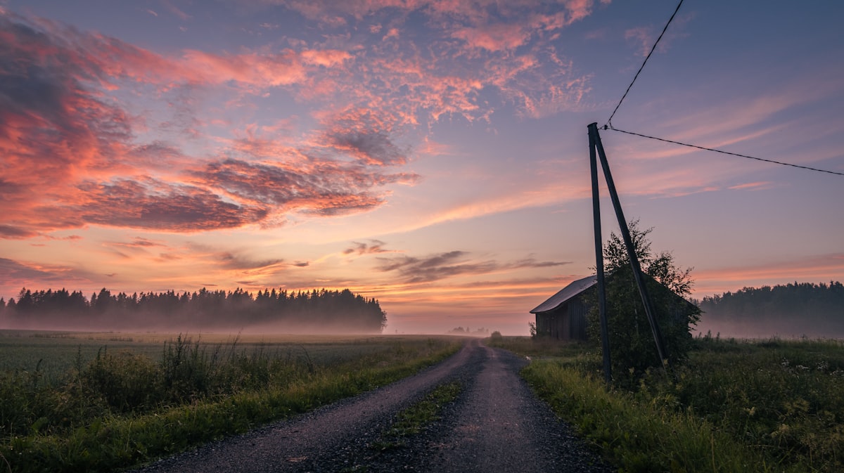 Dirt road leading to a barn at sunrise