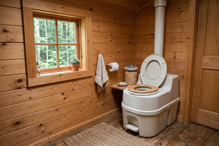 Composting toilet in a pine-paneled cabin bathroom