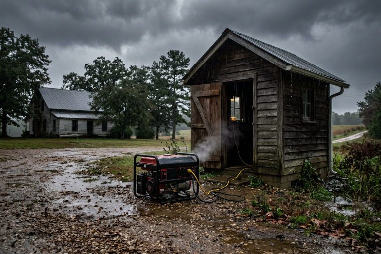 Portable generator beside a pump house during a power outage