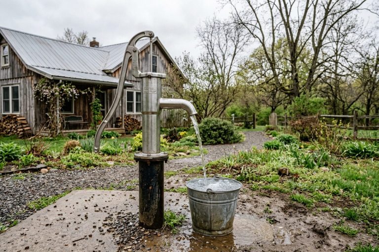 Deep well hand pump filling a bucket in a rural yard