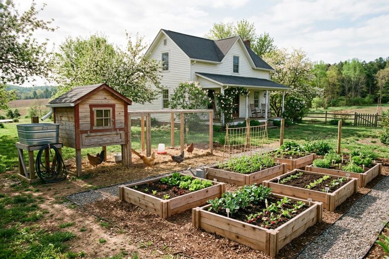 First-year homestead garden beds and chicken coop