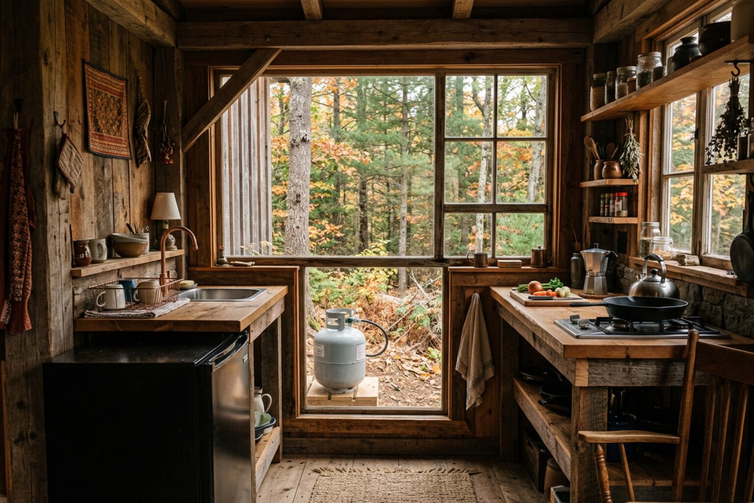 Compact refrigerator in an off-grid cabin kitchen