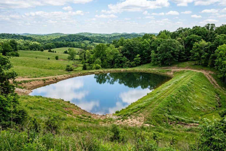 New farm pond with an earthen dam in the Missouri Ozarks