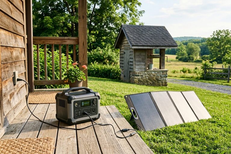 Portable power station and solar panel on a porch near a well house