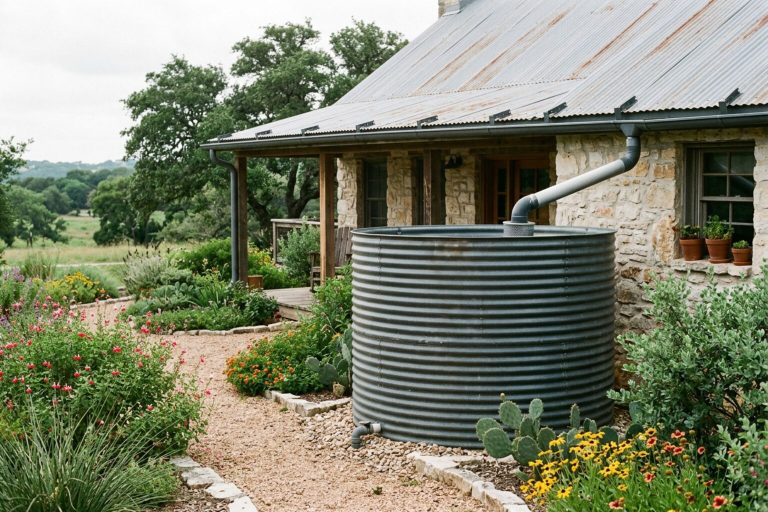Galvanized rainwater tank fed by a gutter on a Texas farmhouse