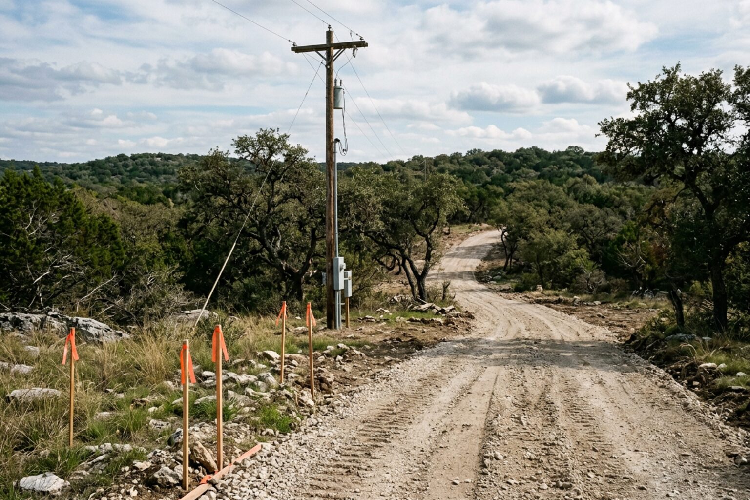 Survey stakes and a new gravel driveway on raw Hill Country land