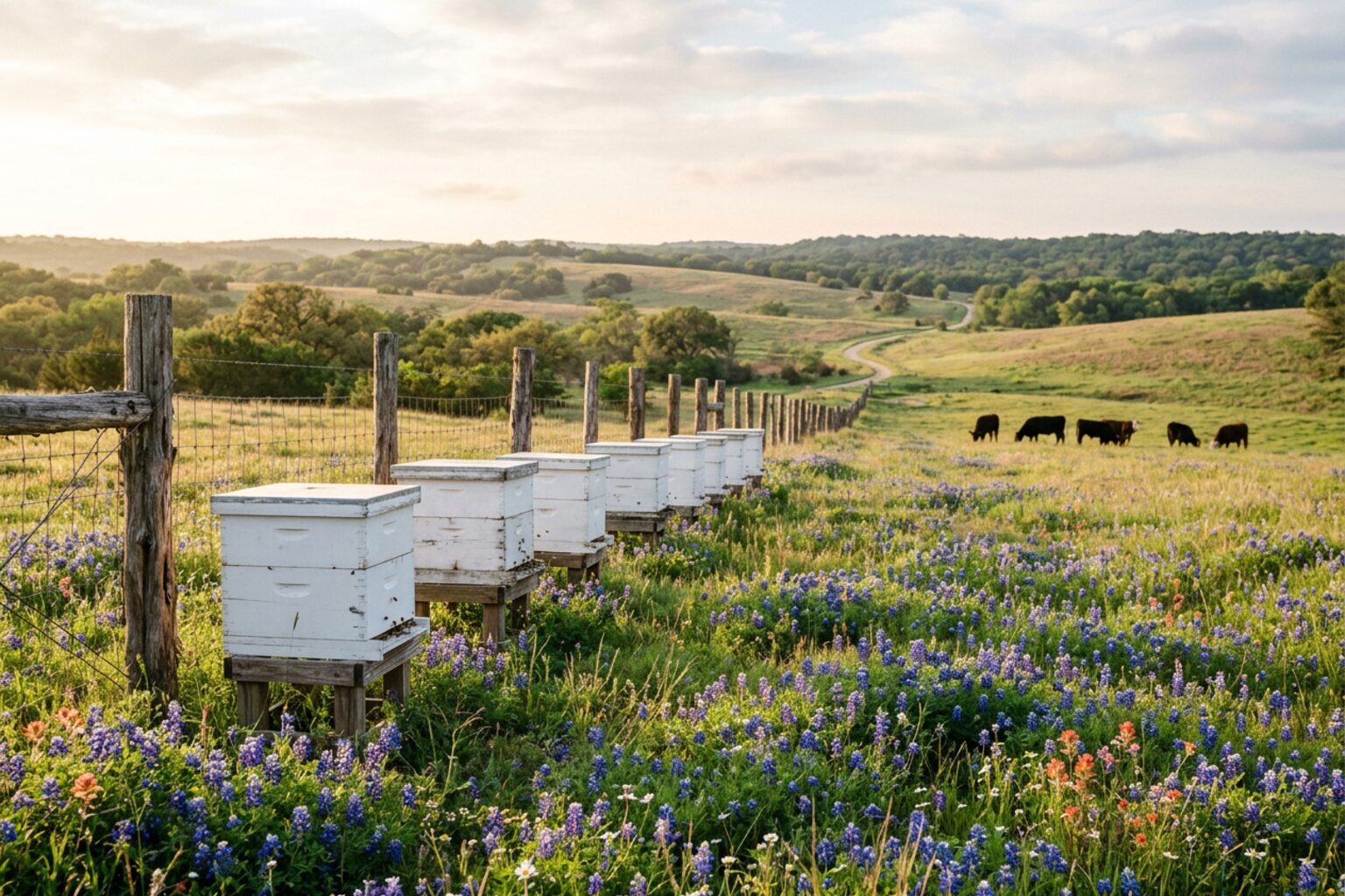 Beehives on Texas pasture with bluebonnets and cattle