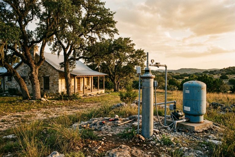 Water well casing and pressure tank beside a Texas Hill Country ranch house