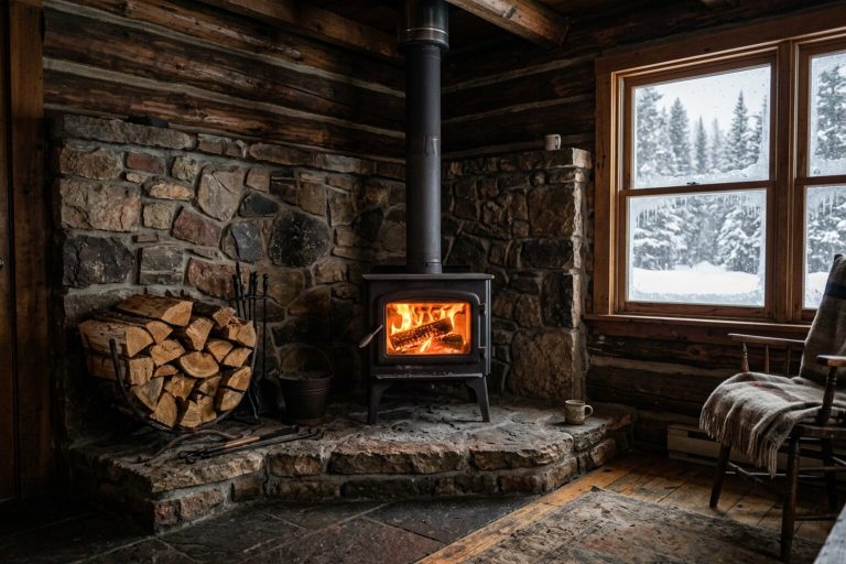 Wood stove burning in a rustic log cabin